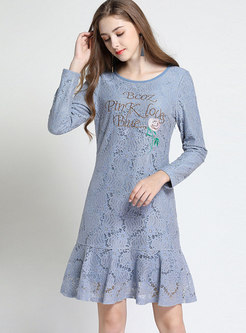 Lace Embroidered O-neck Slim Falbala Dress