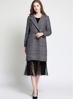 Brief Grid Turn Down Collar Double-breasted Slim Coat
