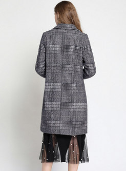 Brief Grid Turn Down Collar Double-breasted Slim Coat