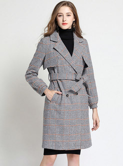 Grid Turn Down Collar Belted Double-breasted Slim Coat