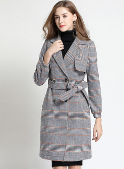 Grid Turn Down Collar Belted Double-breasted Slim Coat