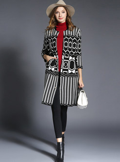 Color-blocked Geometric Print Single-breasted Knitted Coat