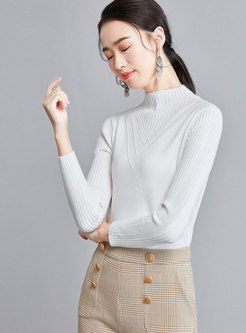Pure Color Stand Collar Slim Knitted Sweater