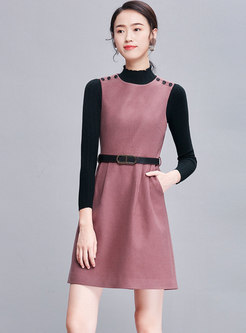 Trendy High Waist Sleeveless Belted Slim Woolen Dress