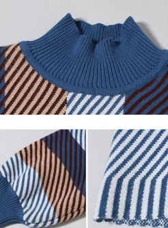 Color-blocked Striped High Neck Loose Sweater