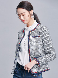 Color-blocked O-neck Grid Short Tweed Coat