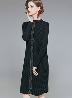 Elegant Black Slim Bottoming Sweater Dress With Bead