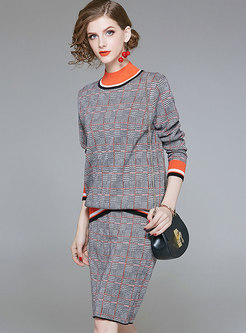 OL Orange Crew-neck Sweater & Sheath Plaid Wool Skirt