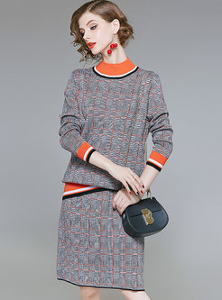 OL Orange Crew-neck Sweater & Sheath Plaid Wool Skirt