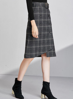 Elegant Grid High Waist Belted Asymmetric Skirt