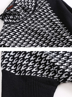Stylish Turtle Neck Stitching Loose Houndstooth Knitting Dress