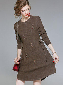 Brief Brown Beaded Irregular Hem Sweater Dress