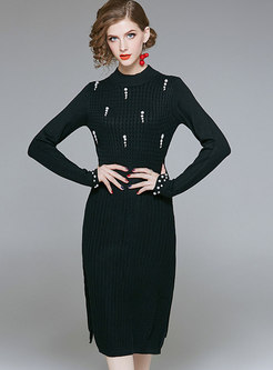 Fashion Black O-neck Skinny Beaded Sweater Dress