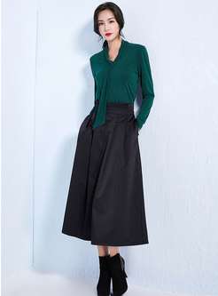 Pure Color Tie Knitted Top & Black High Waist A Line Skirt