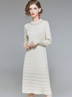 Crew-neck Beige Drilling Bottoming Knitted Dress