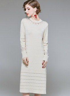 Crew-neck Beige Drilling Bottoming Knitted Dress