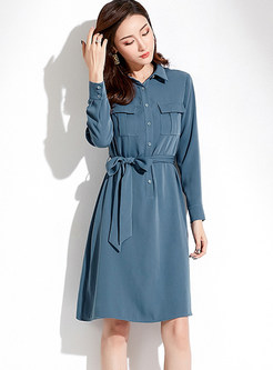 Pure Color Lapel Single-breasted Waist A Line Dress