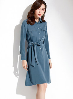 Pure Color Lapel Single-breasted Waist A Line Dress