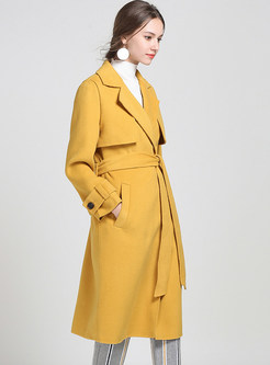 Notched Long Sleeve Tie-waist Wool Overcoat