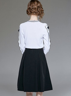 Fashion White Long Sleeve Sweater & Black High Waist Skirt