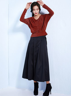 Stylish V-neck Bat Sleeve Top & Black High Waist Slit Long Skirt