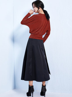 Stylish V-neck Bat Sleeve Top & Black High Waist Slit Long Skirt
