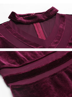 Solid Color Velvet V-neck See-through Hem Slim Dress