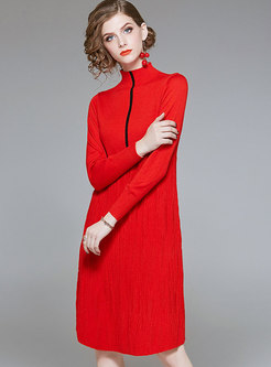 Fashion Red Standing Collar High-rise Wool Sweater