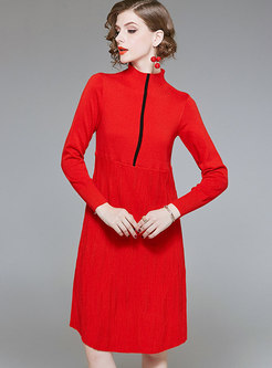 Fashion Red Standing Collar High-rise Wool Sweater