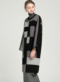 O-neck Color-blocked Irregular Plaid Woolen Coat