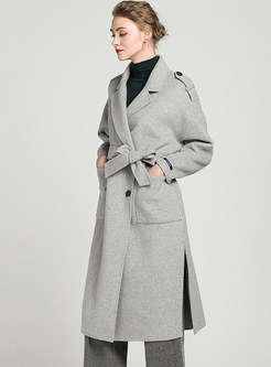 Double-breasted Tie-waist Slit Woolen Coat