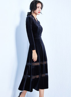 Chic Solid Color Gathered Waist See-through Maxi Dress