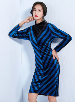 Color-blocked Striped Stand Collar Bodycon Dress