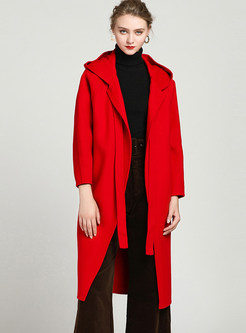 Red Hooded Tied Loose Invisible Button Coat