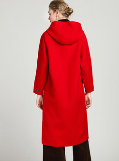 Red Hooded Tied Loose Invisible Button Coat