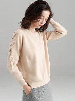 Stylish Pure Color V-neck Tied Knitted Sweater