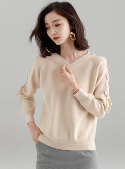 Stylish Pure Color V-neck Tied Knitted Sweater