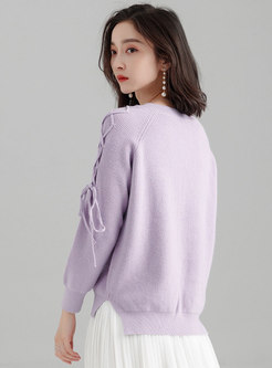 Pure Color V-neck Tied Pullover Sweater