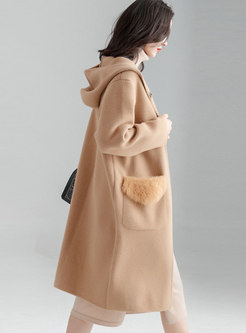 Solid Color Hooded Straight Woolen Coat