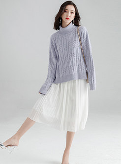 Pure Color High Neck Asymmetric Knitted Sweater