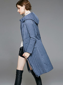Fashion Blue Hooded Slim Knee-length Down Coat