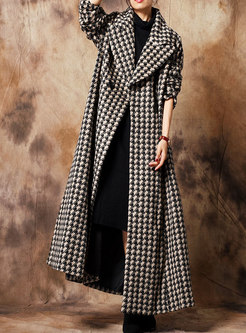 Elegant Print Turn Down Collar Slim Woolen Coat