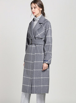 Stylish Notched Plaid Slit Wool Overcoat With Belt