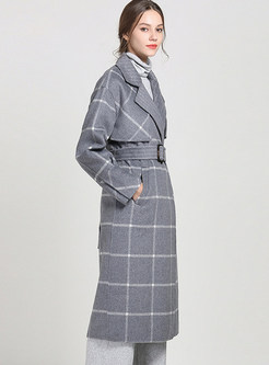 Stylish Notched Plaid Slit Wool Overcoat With Belt