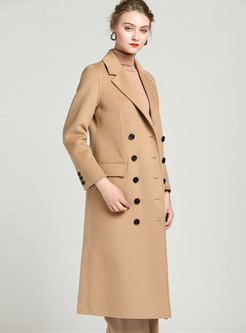 Notched Long Sleeve Double-breasted Wool Coat