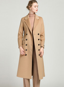 Notched Long Sleeve Double-breasted Wool Coat