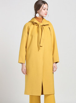 Pure Color Hooded Long Sleeve Woolen Coat