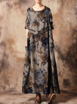 Vintage Ethnic Print O-neck Loose Maxi Dress