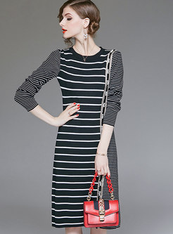 Fashion Black Striped High Waist Bottoming Midi Dress