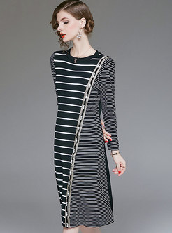 Fashion Black Striped High Waist Bottoming Midi Dress